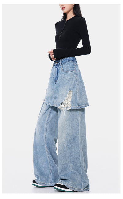 Pantalones Rectos Azul Vintage Efecto Desgastado Doble Tela para Mujer - Image 29