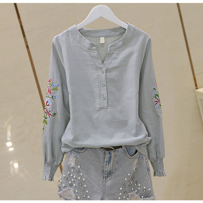 Blusa de Algodón con Escote V y Bordado Plisado Manga Larga - Image 14