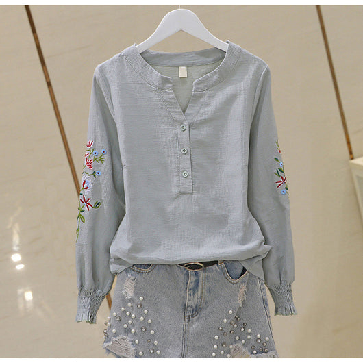 Blusa de Algodón con Escote V y Bordado Plisado Manga Larga - Image 14