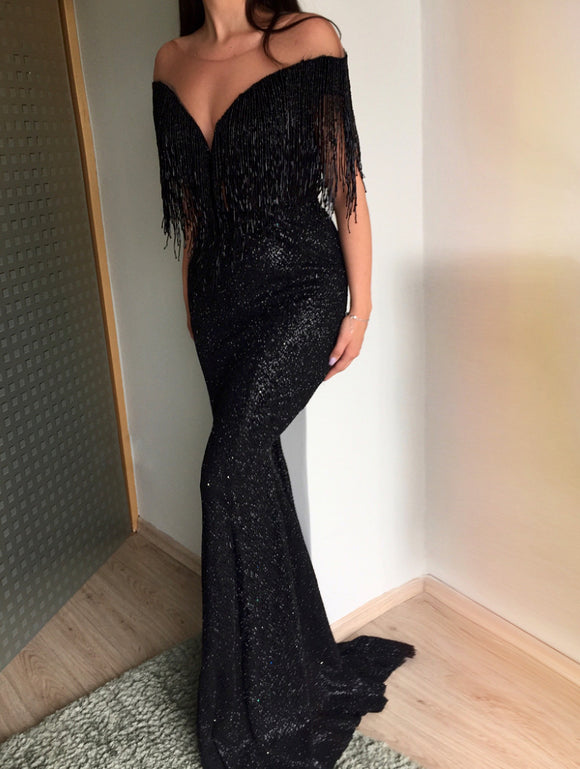 Vestido Largo Negro con Lentejuelas - Escote en V Ajustado