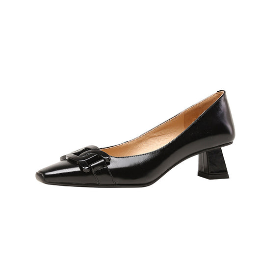 Zapatos de Cuero Estilo Francés Punta Cuadrada con Cadena para Mujer - Image 5