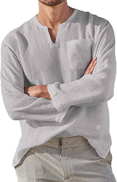 Camisa de Lino Casual para Hombre con Cuello en V y Manga Larga - Image 13