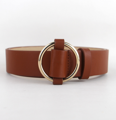 Black faux-leather women's belt with a shiny gold-tone round pin buckle, displayed on a white background. - Image 11