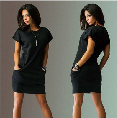 Vestido Camiseta Ajustado Negro y Azul con Bolsillos - Manga Corta Casual para Mujer - Image 3