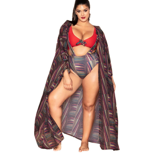 Traje de Baño Dos Piezas Estampado con Cintura Alta y Chaqueta de Playa - Image 12