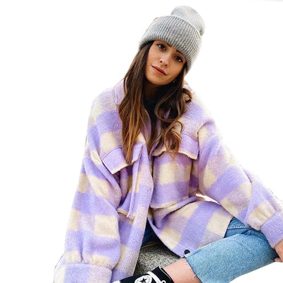 Chaqueta de Lana a Cuadros con Mangas Largas para Mujer