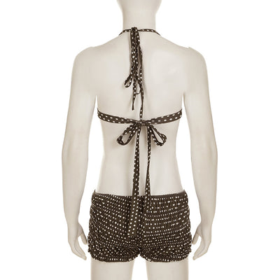 Dark brown polka dot halter bikini top with matching shirred high-waisted shorts for women. - Image 27