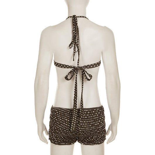 Dark brown polka dot halter bikini top with matching shirred high-waisted shorts for women. - Image 27