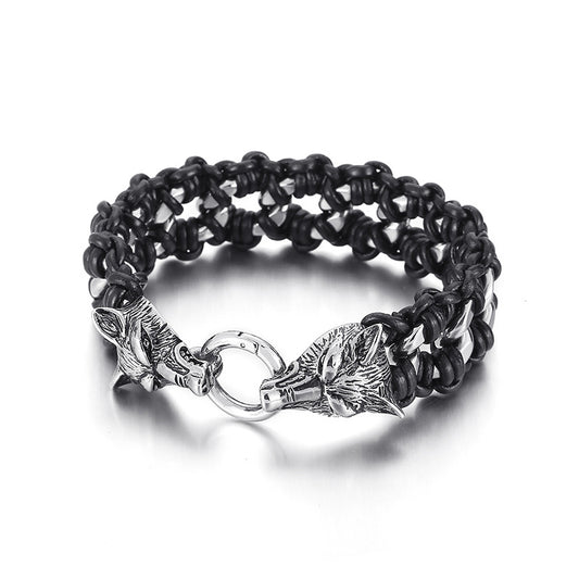Pulsera de Acero Titanio y Cuero Trenzado para Hombre - Image 2