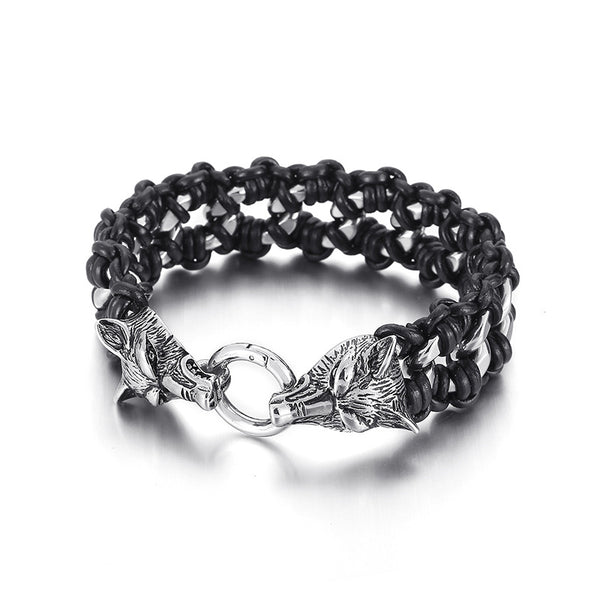 Pulsera de Acero Titanio y Cuero Trenzado para Hombre