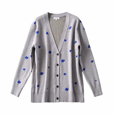Cardigan Tejido con Bordado de Flores Gris y Azul - Image 11