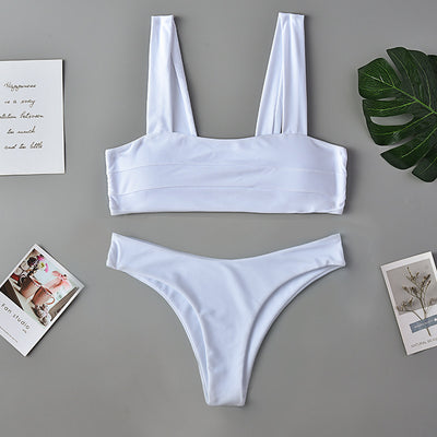 Dark green two-piece swimsuit with a bandeau top featuring horizontal ruching and high-cut bikini bottoms. - Image 9