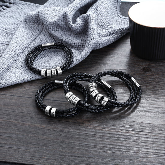Pulsera de Cuero Trenzado Personalizada para Hombre con Nombre y Acero Inoxidable