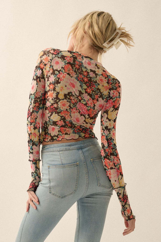 Blusa Elegante de Malla Floral Cuello Redondo Manga Larga Ajustada - Image 12