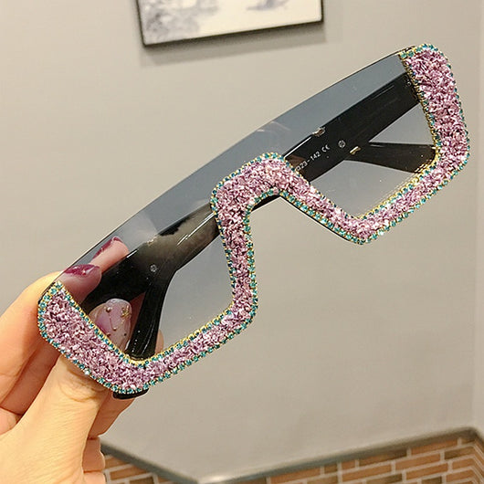 Black square sunglasses with a wavy top frame embellished with brown and clear rhinestones and gradient smoke lenses. - Image 7