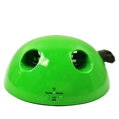 A cute tabby and white kitten with green eyes playing with a bright green dome-shaped interactive cat toy. - Image 11