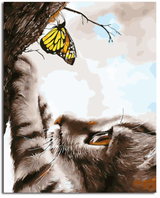 Cuadro Óleo Gato y Mariposa Pintado a Mano - Decoración Artística para Hogar