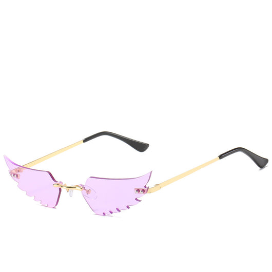 Purple wing-shaped rimless sunglasses with gold-colored metal arms and black ear tips on a white background. - Image 11