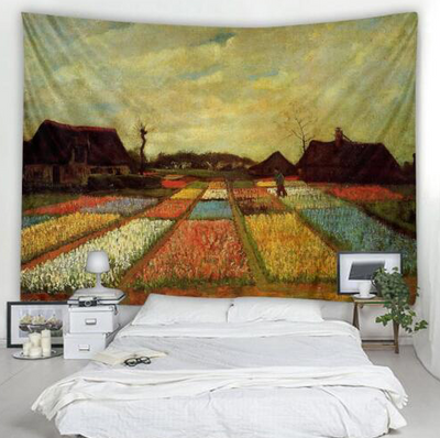Colorful landscape tapestry depicting flower fields and houses, inspired by a classic painting, hanging above a white bed. - Image 2