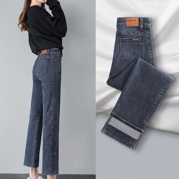 Jeans Rectos Talle Alto Slim Pierna Ancha Nueve Puntos