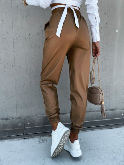 Pantalones de Cuero Casuales Midi para Mujer con Bolsillos - Image 3