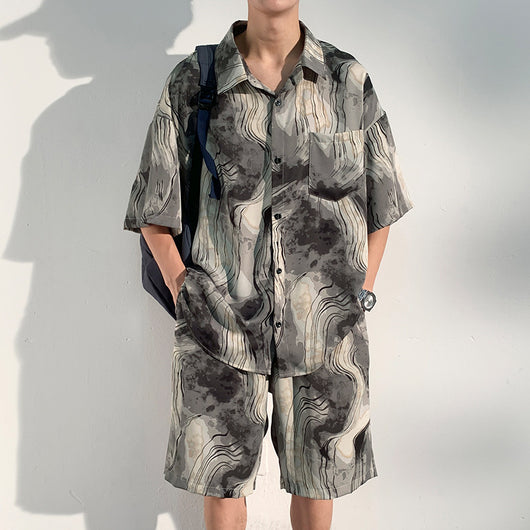 Conjunto de Playa para Hombre - Camisa Estampada y Pantalones Cortos Seda de Hielo Verano - Image 8