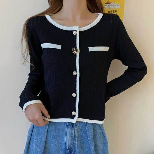 Cardigan Tejido Contraste Suelta Abotonado Simple Versátil - Image 6