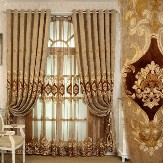 Purple chenille velvet curtains with gold embroidery, tied back to reveal a sheer embroidered curtain behind. - Image 6