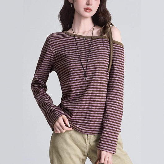 Blusa Slim Rayas Moradas con Hombros Descubiertos Manga Larga - Image 3