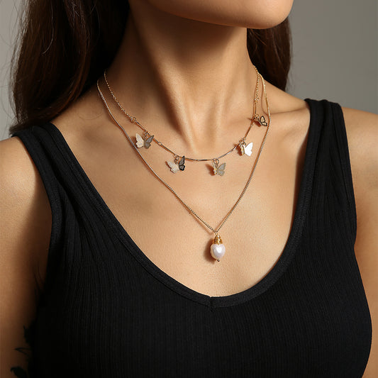 Collar Mariposa de Perlas de Agua Dulce Natural Multicapa