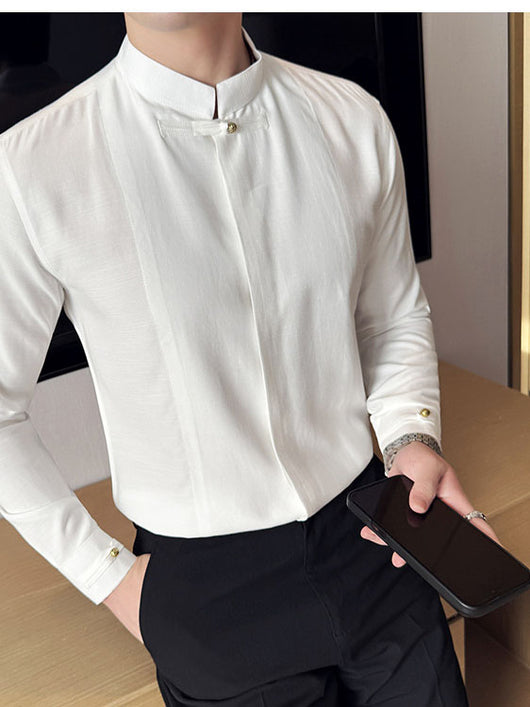 Camisa Manga Larga Cuello Mao Hombre - Diseño Liso Versátil - Image 8