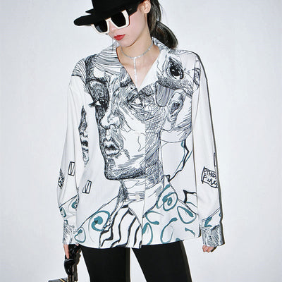 Blusa Suelta de Gasa con Estampado Facial para Mujer - Image 3