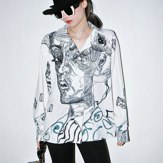 Blusa Suelta de Gasa con Estampado Facial para Mujer - Image 3