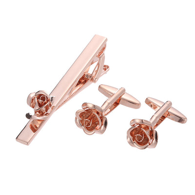 Juego de Clips de Corbata y Gemelos con Cristales Negros y Patrón Floral Esmaltado en Oro y Plata - Image 5