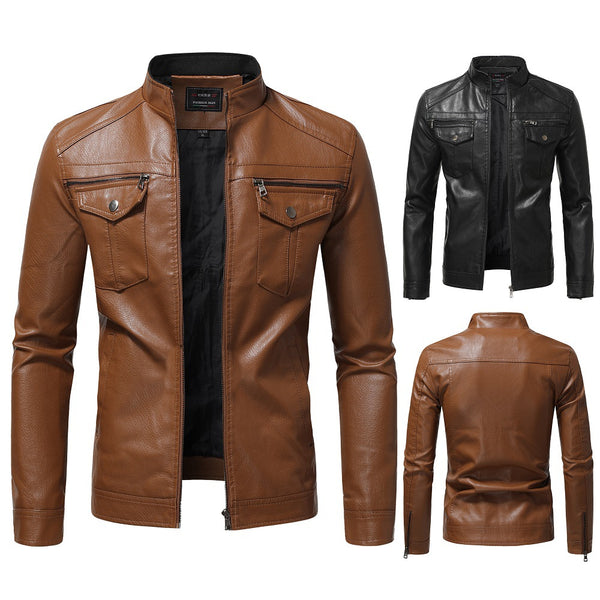 Chaqueta de Cuero con Cierre y Cuello Alto para Negocios y Motocicleta - Otoño e Invierno