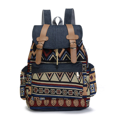 Mochila Escolar Étnica Denim con Cordón y Gran Capacidad