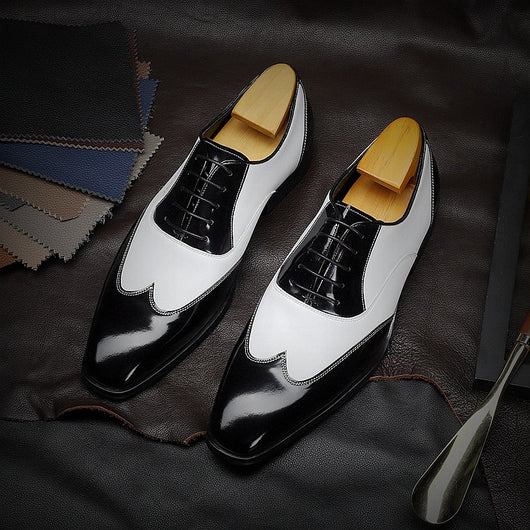 Zapatos de Negocios Retro Punta Afilada Cuero Vacuno Negro y Blanco para Hombre - Image 4