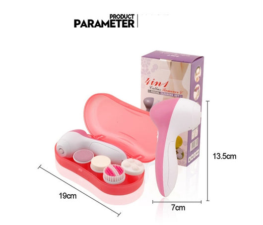 White electric facial cleanser with multiple brush and sponge attachments in an open translucent teal carrying case. - Image 14