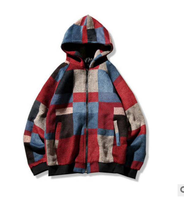 Abrigo Lana Hombre Cuadros Bloques Color con Capucha Estilo Harajuku