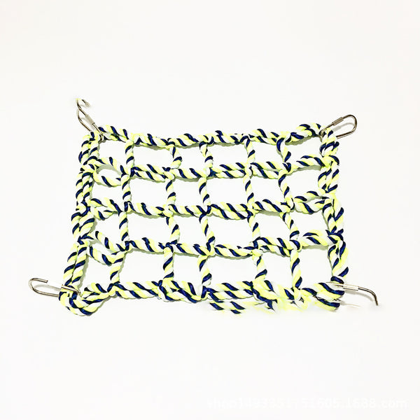 Yellow and blue woven rope climbing net for small pets, featuring a grid pattern and four metal hooks. - Image 10