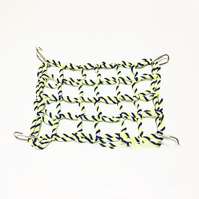 Yellow and blue woven rope climbing net for small pets, featuring a grid pattern and four metal hooks. - Image 10
