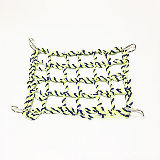 Yellow and blue woven rope climbing net for small pets, featuring a grid pattern and four metal hooks. - Image 10