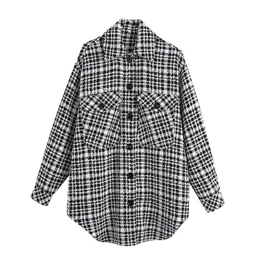 Abrigo Camisa Cuadros Blanco y Negro para Mujer - Estilo Europeo Otoño Invierno