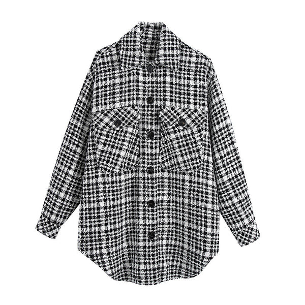 Abrigo Camisa Cuadros Blanco y Negro para Mujer - Estilo Europeo Otoño Invierno
