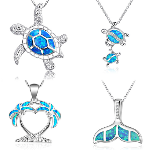 Collar colgante tortuga marina con ópalo azul y plata laminada para mujer