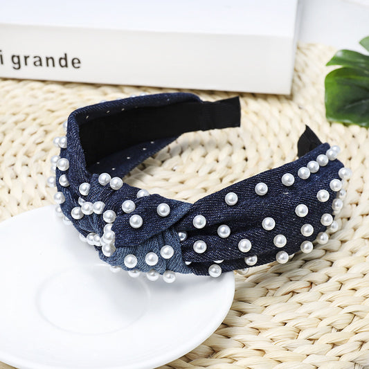 Diadema de Denim con Perlas para Mujer