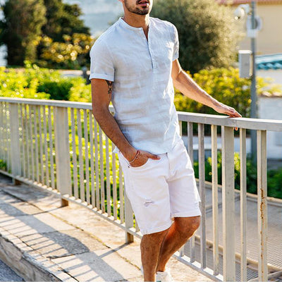 Camisa de Lino y Algodón con Cuello de Pie de Manga Corta - Image 2