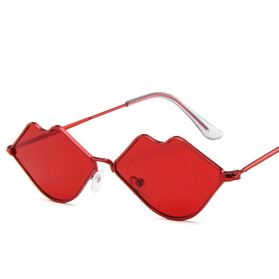 Retro red lips sunglasses with gold metal frames and brown gradient lenses on a white background. - Image 6