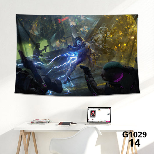 Cyberpunk 2077 tapestry featuring V and Jackie Welles with a neon-lit futuristic city skyline background. - Image 31