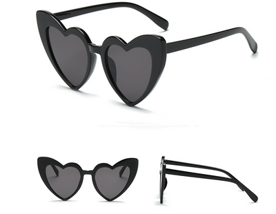 White heart-shaped sunglasses with dark gray lenses, shown from front, top, and side views on a white background. - Image 6